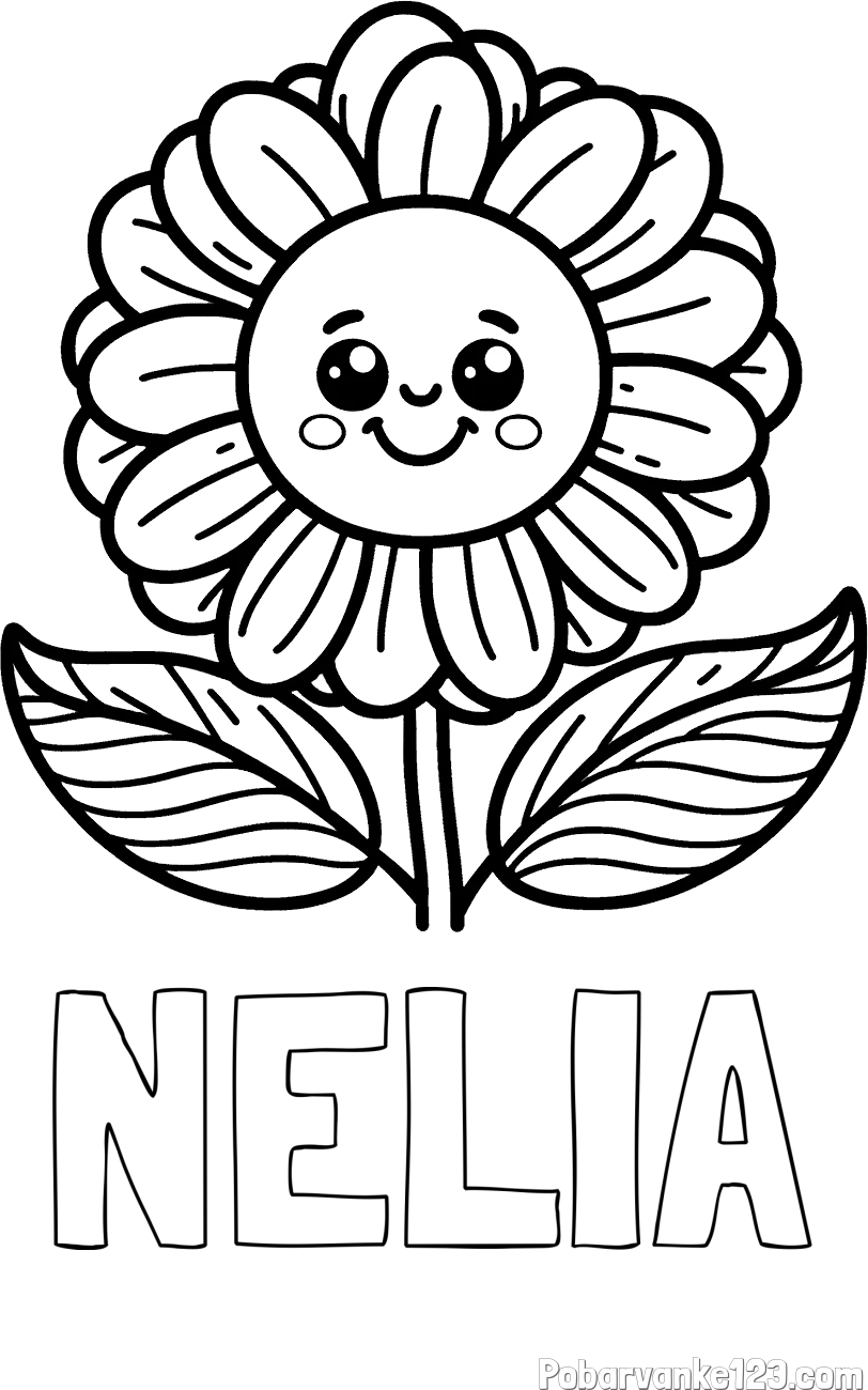 Pobarvanka imena NELIA in pobarvanka ljubke in nasmejane rože