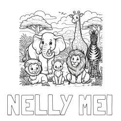 Online izdelana pobarvanka - Pobarvanka imena NELLY MEI in pobarvanka ljubkih živali