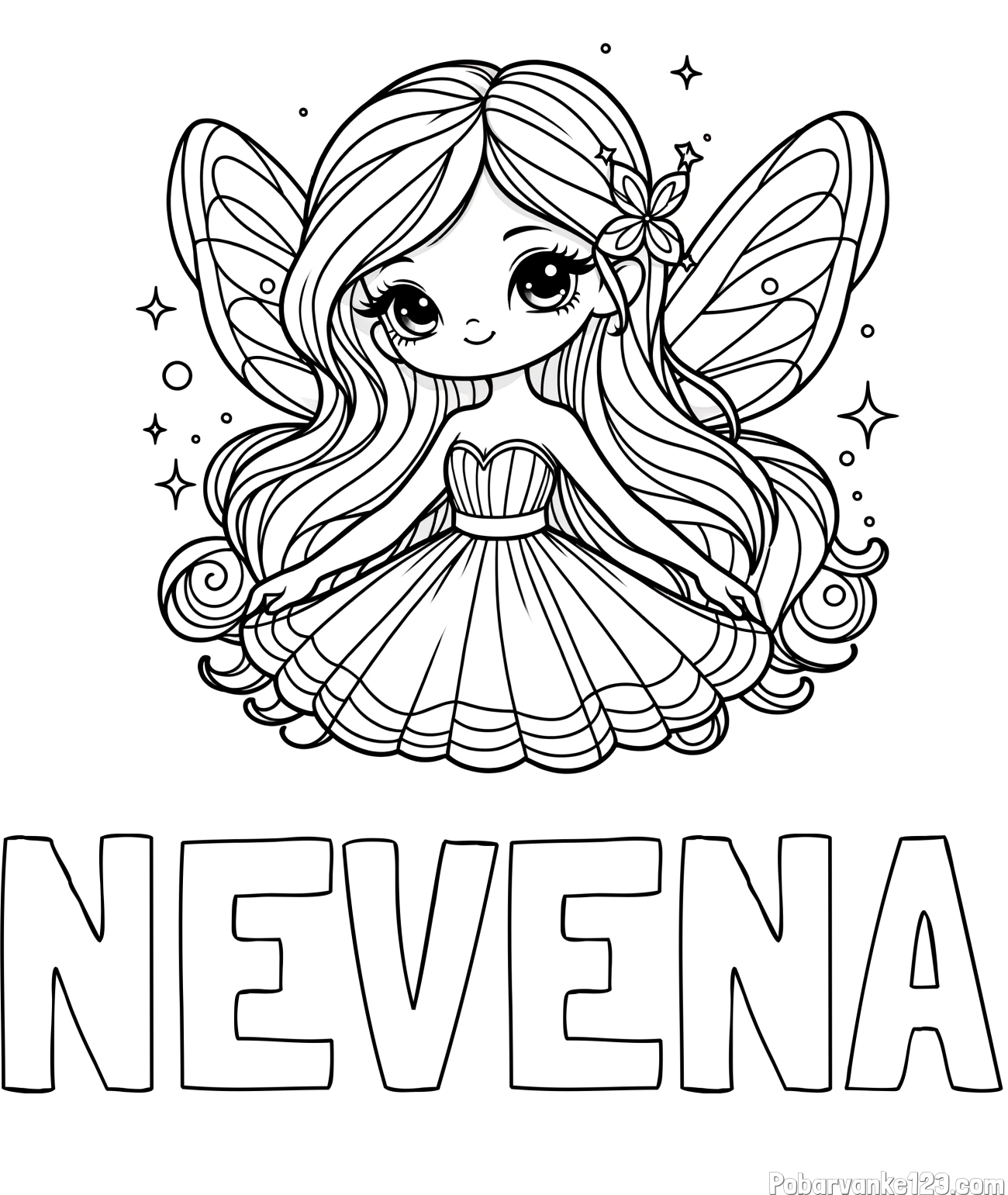 Pobarvanka imena NEVENA in pobarvanka ljubke in nasmejane čarobne vile