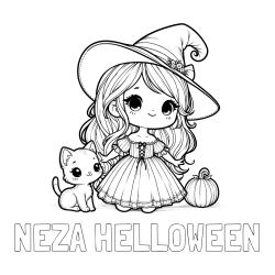 Online izdelana pobarvanka - Pobarvanka imena NEŽA HELLOWEEN in pobarvanka ljubke čarovnice, muce in buče