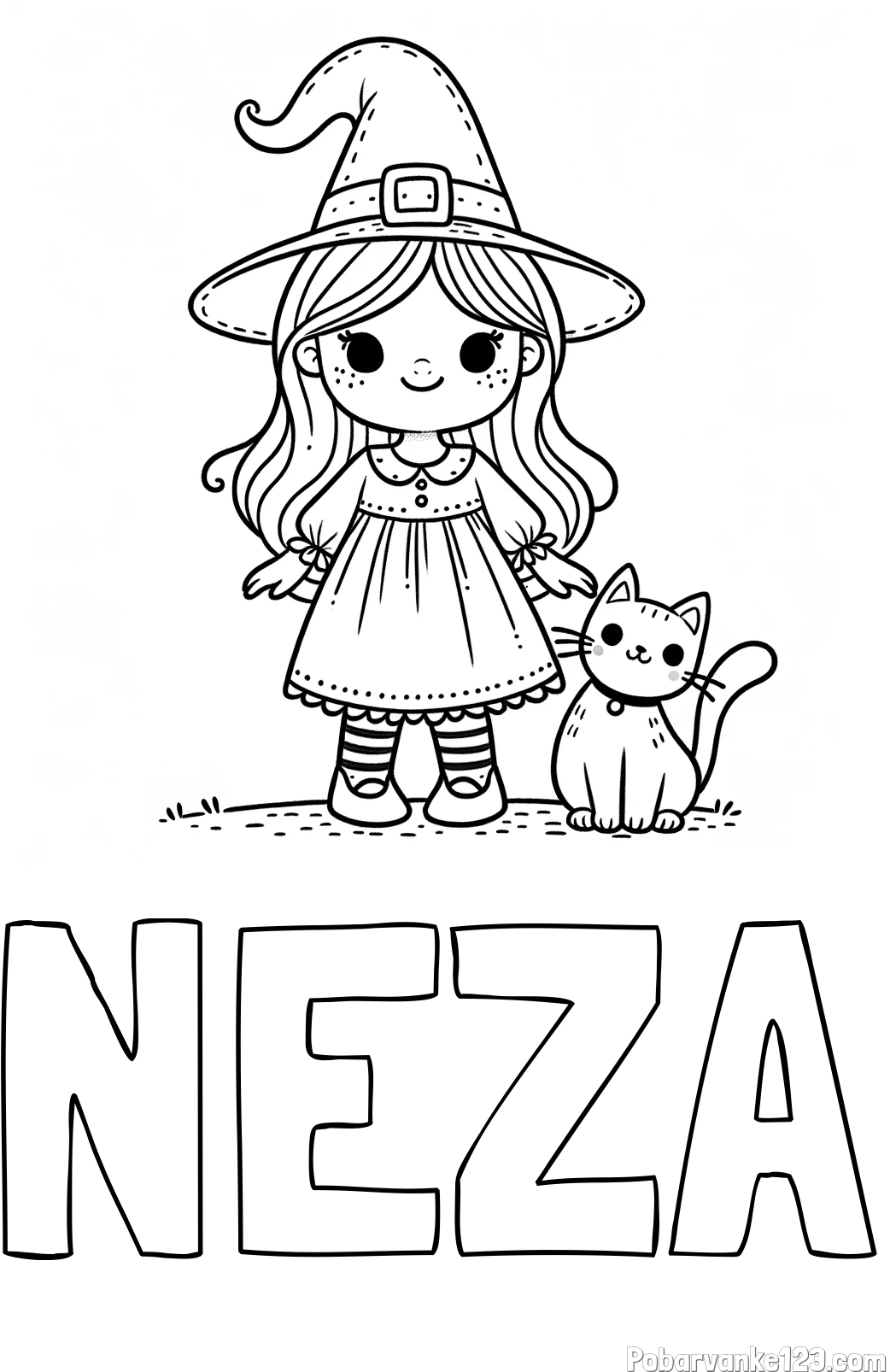 Pobarvanka imena NEŽA in Čudovita pobarvanka ljubke čarovnice in nasmejane mačke