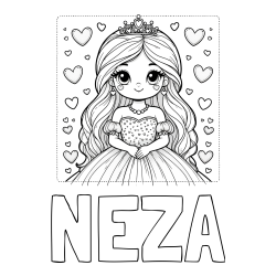 Pobarvanka imena NEŽA in pobarvanka ljubke princese obdane s srčki