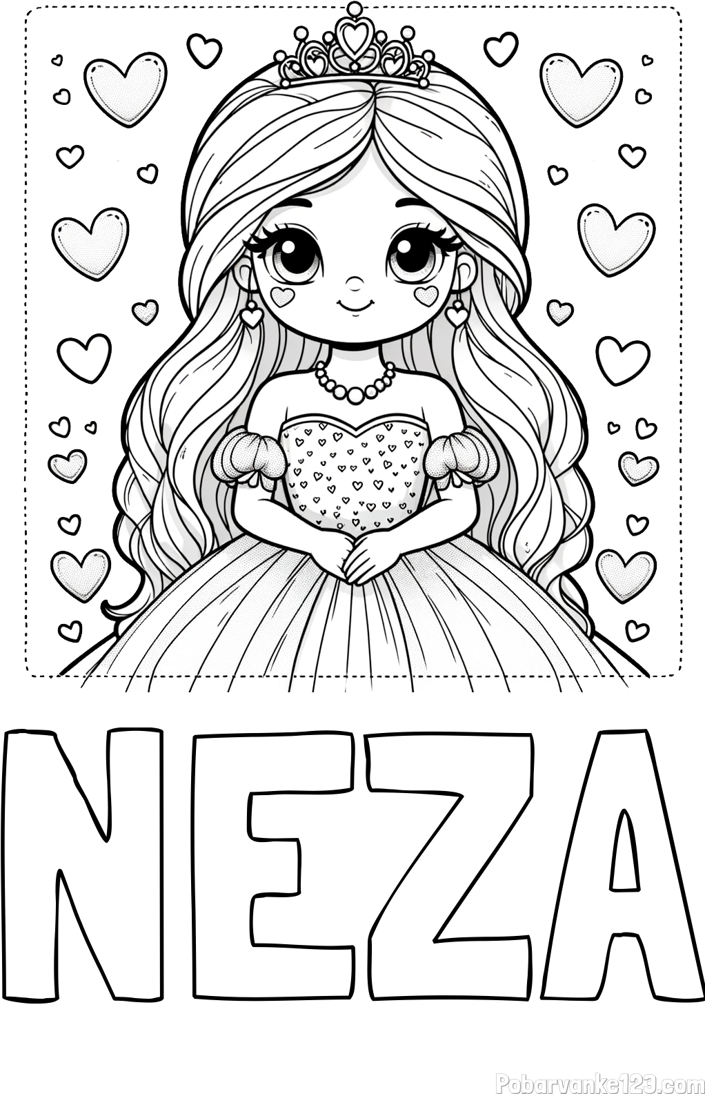 Pobarvanka imena NEŽA in pobarvanka ljubke princese obdane s srčki