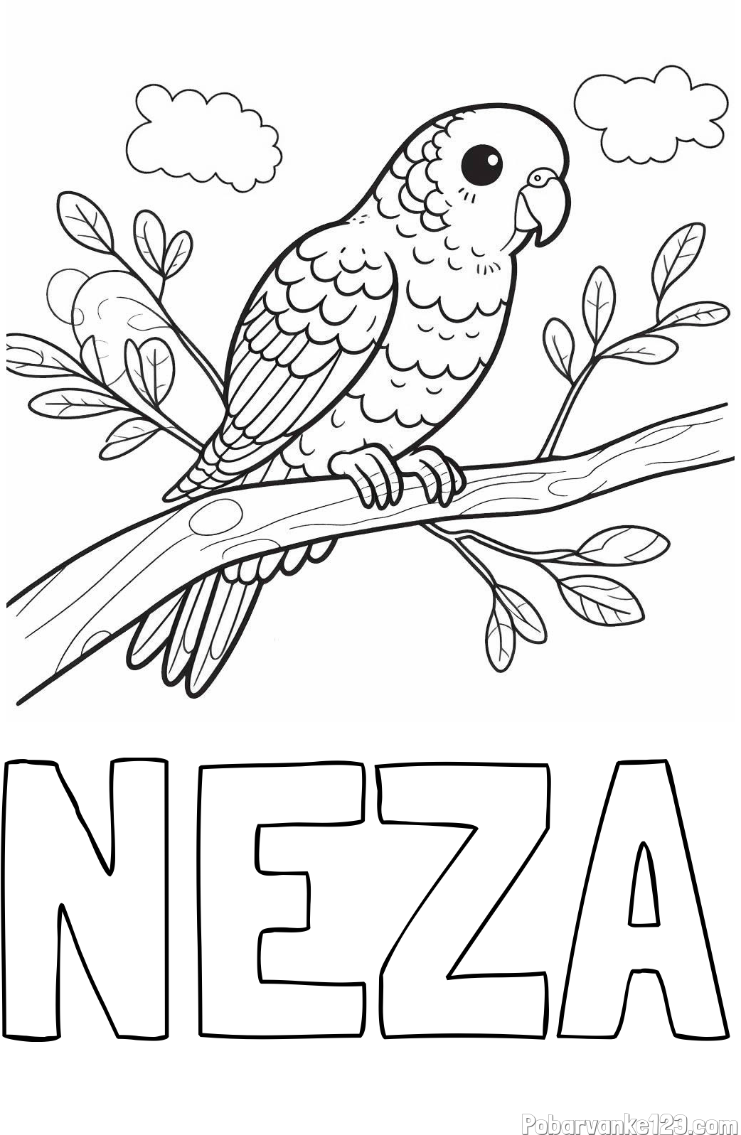 Pobarvanka imena NEŽA in pobarvanka ljubkega kanarčka na veji