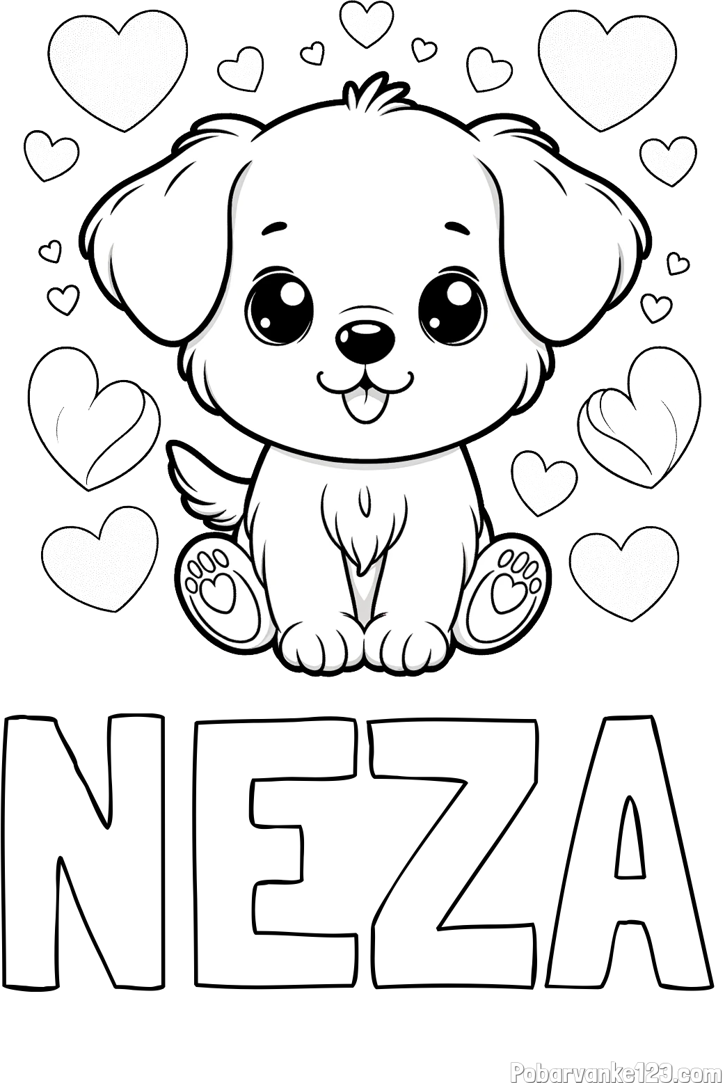 Pobarvanka imena NEŽA in pobarvanka ljubkega kužka obdanega s srčki