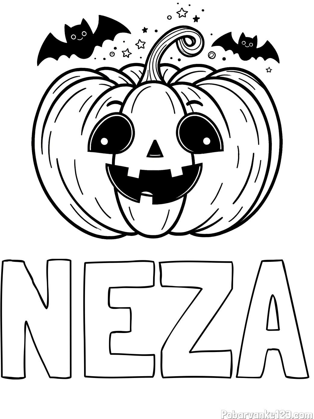 Pobarvanka imena NEZA in pobarvanka nasmejane buče ter dveh netopirjev za noč čarovnic