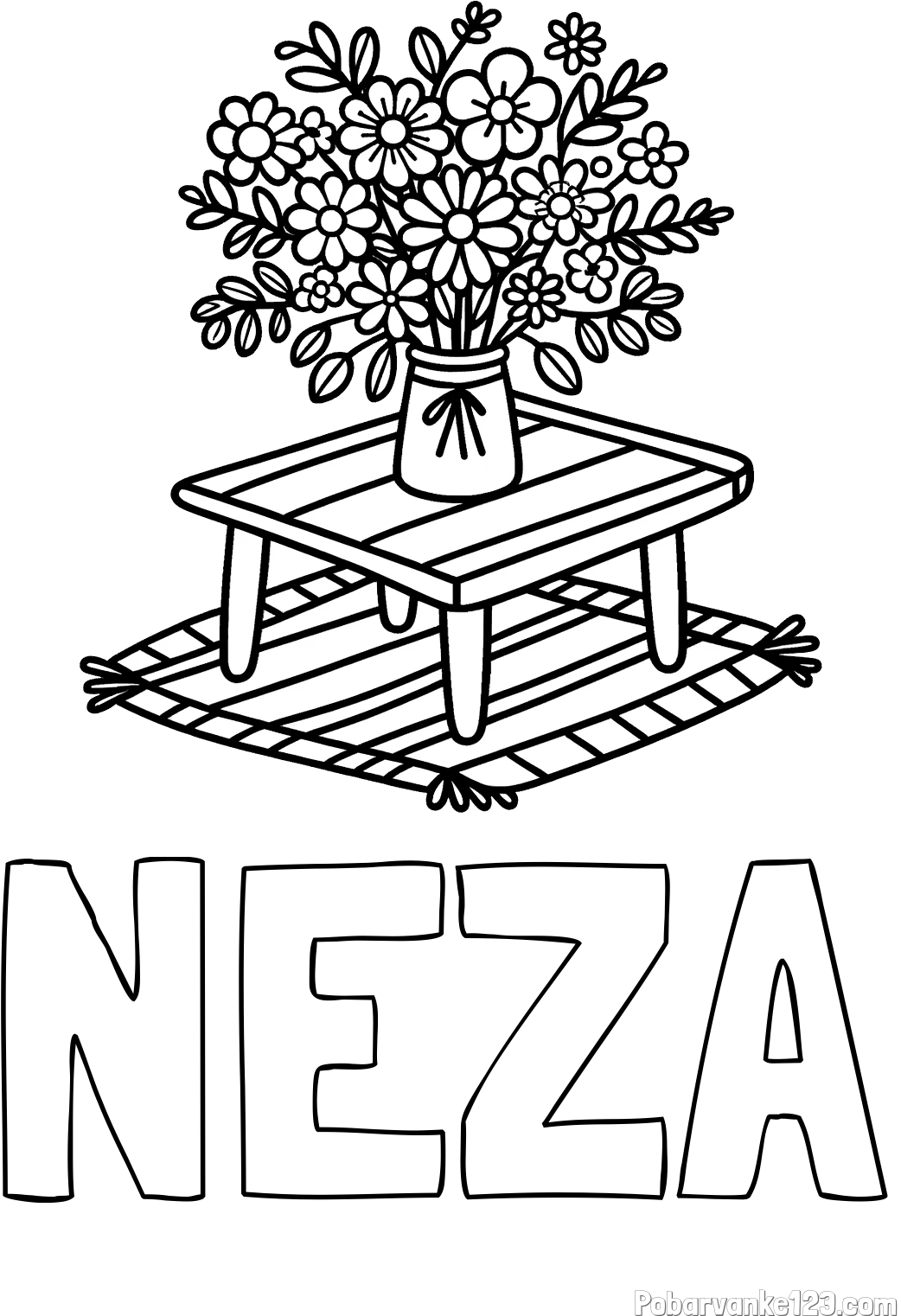 Pobarvanka imena NEŽA in pobarvanka šopka rož na mizi