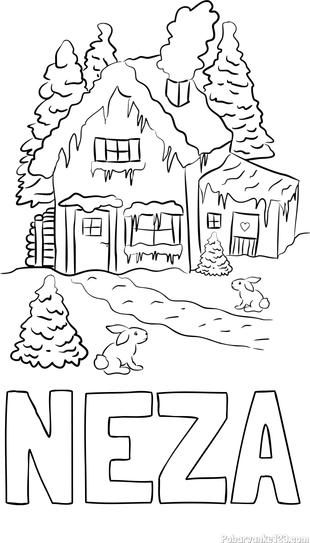 Pobarvanka imena NEŽA in pobarvanka zasnežene hiše