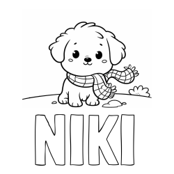 Online izdelana pobarvanka - Pobarvanka imena NI-KI in pobarvanka prikupnega psička