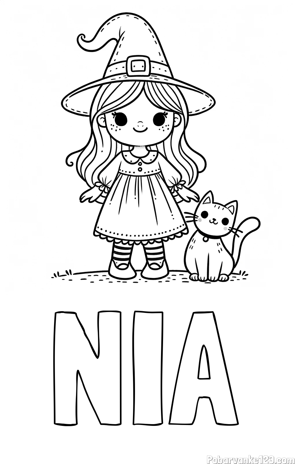 Pobarvanka imena NIA in Čudovita pobarvanka ljubke čarovnice in nasmejane mačke