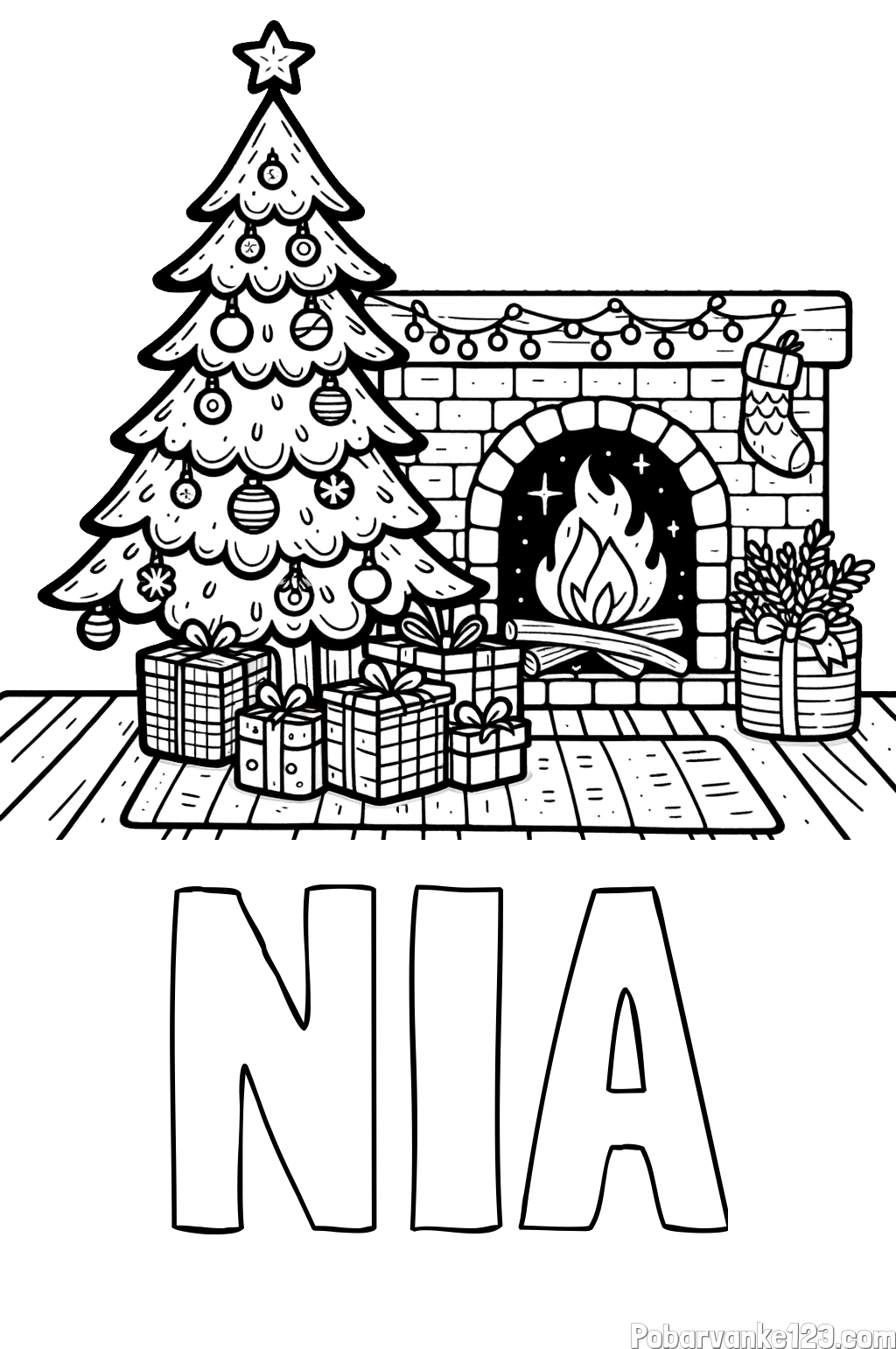 Pobarvanka imena NIA in pobarvanka božične noči z božično smrečico, darili ter kaminom