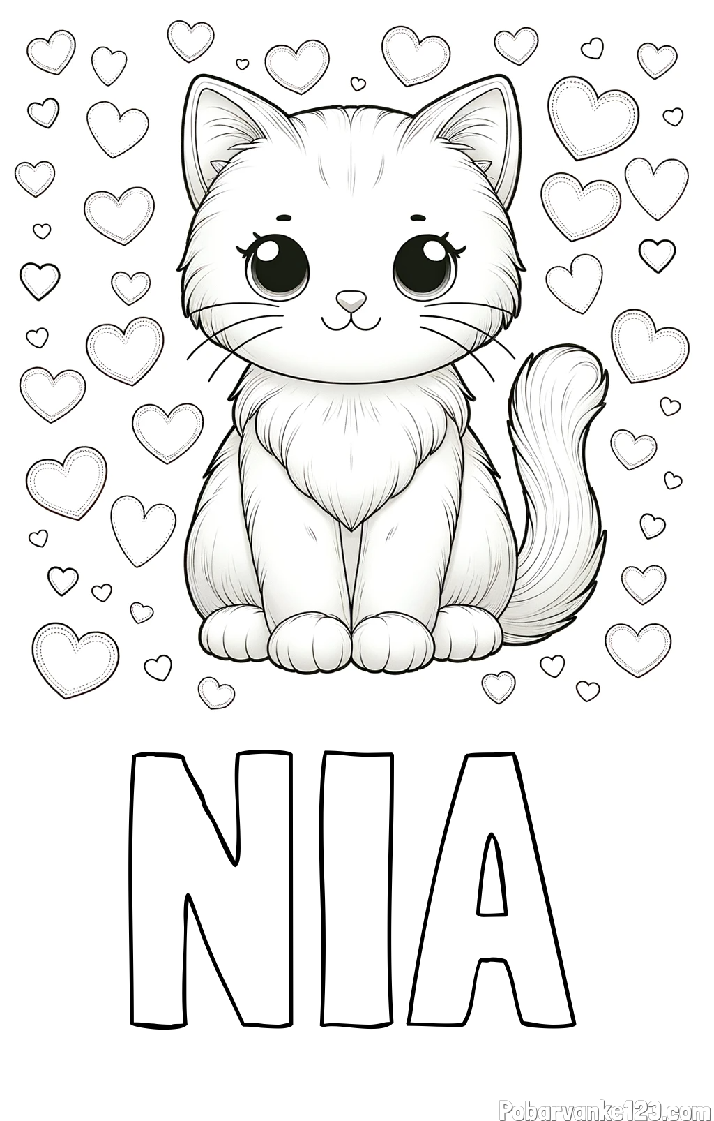Pobarvanka imena NIA in pobarvanka ljubke mucke obdane s srčki