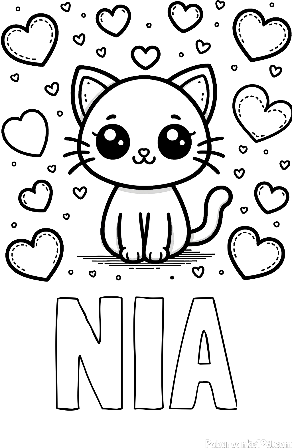 Pobarvanka imena NIA in pobarvanka ljubke mucke obdane z veliko srčki