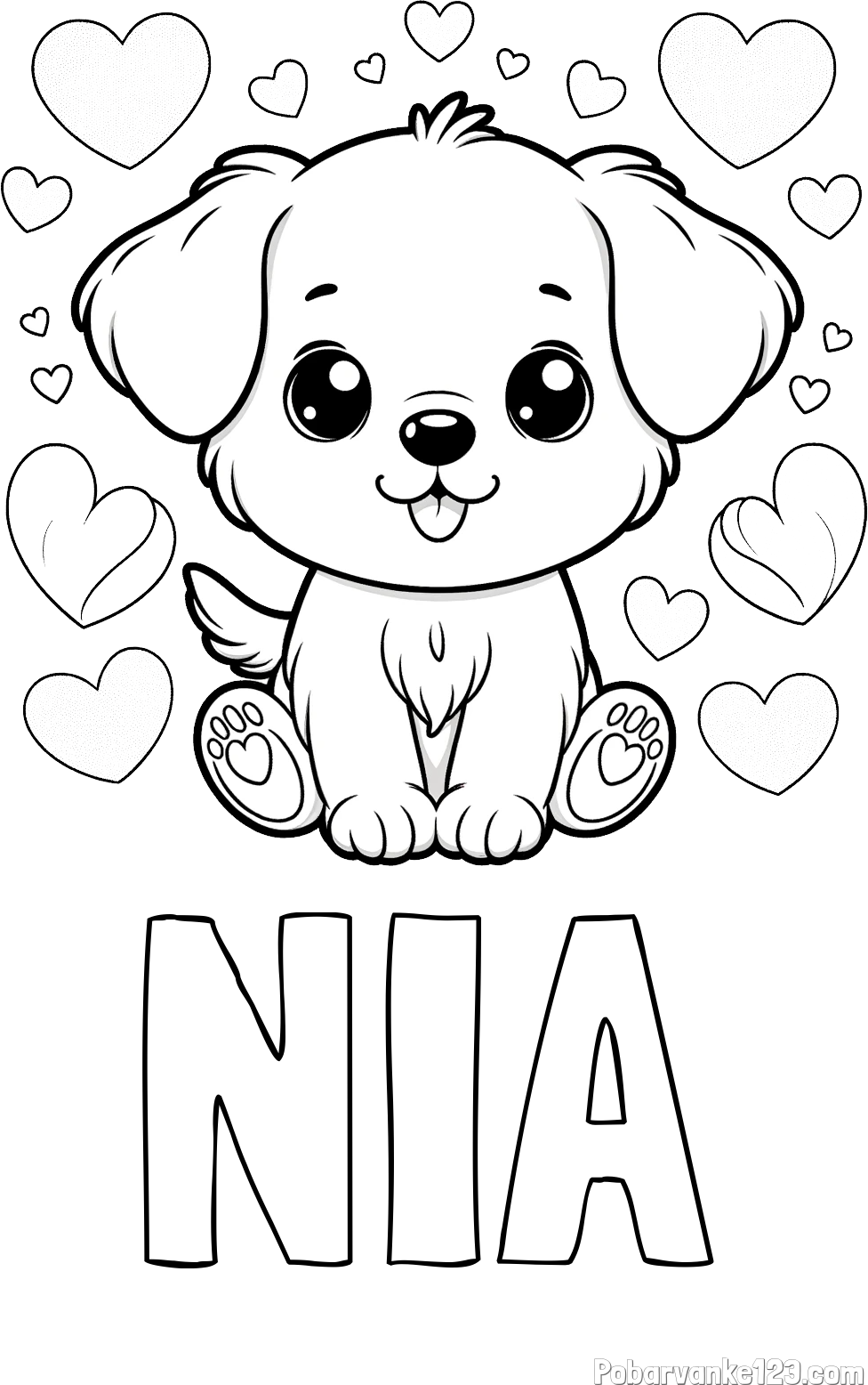 Pobarvanka imena NIA in pobarvanka ljubkega kužka obdanega s srčki