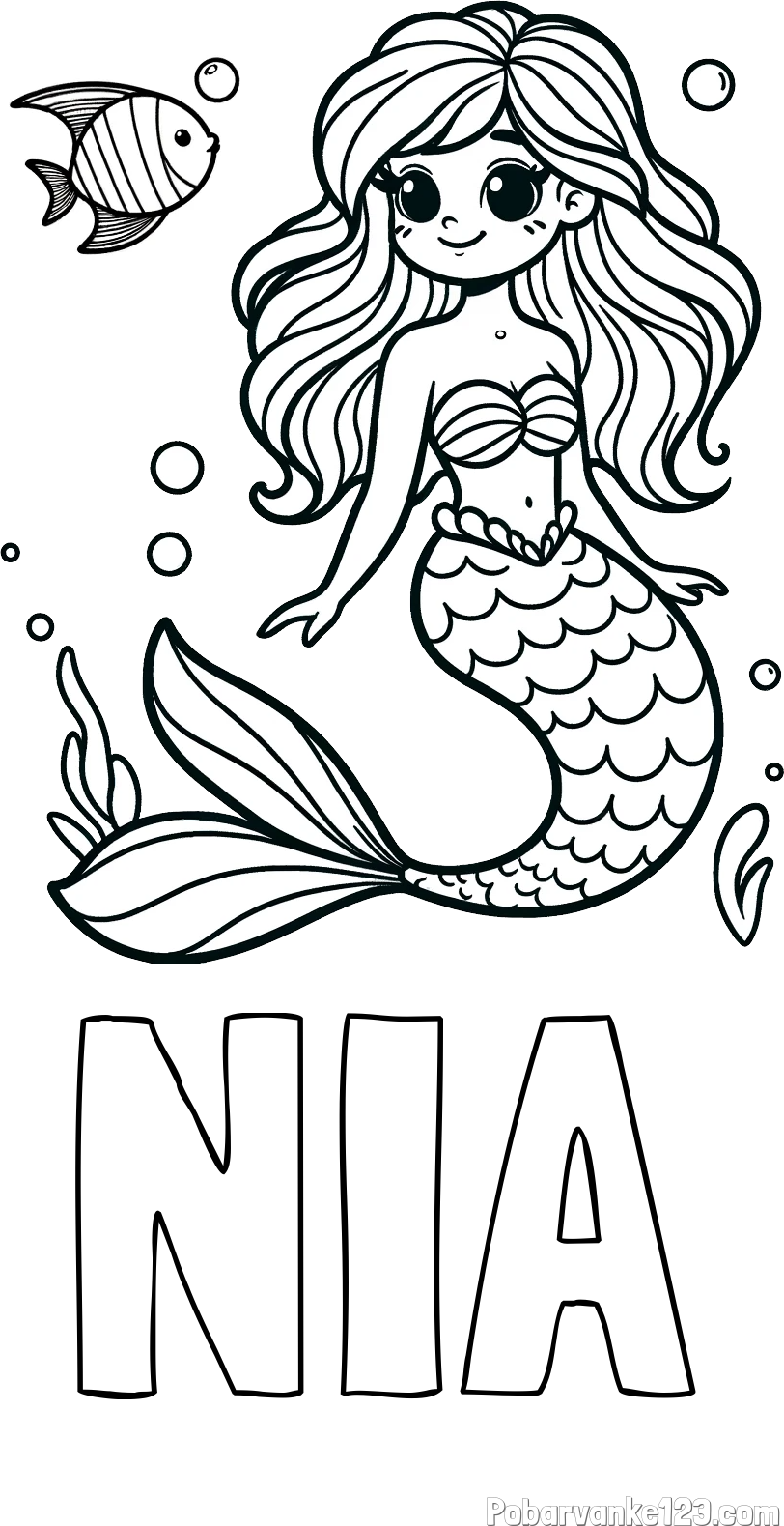 Pobarvanka imena NIA in pobarvanka male morske deklice in ribice