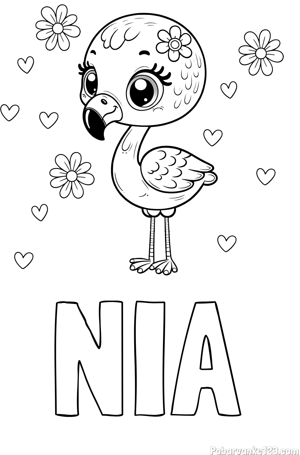 Pobarvanka imena NIA in pobarvanka mladička flaminga z rožicami in srčki