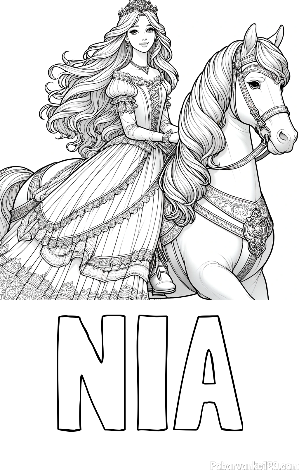Pobarvanka imena NIA in pobarvanka nasmejana princese na konju