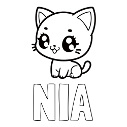 Pobarvanka imena NIA in pobarvnaka ljubke muce v anime slogu