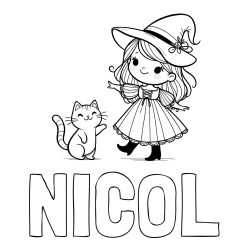 Online izdelana pobarvanka - Pobarvanka imena NICOL in pobarvanka ljubke čarovnice ter podrednega mačka