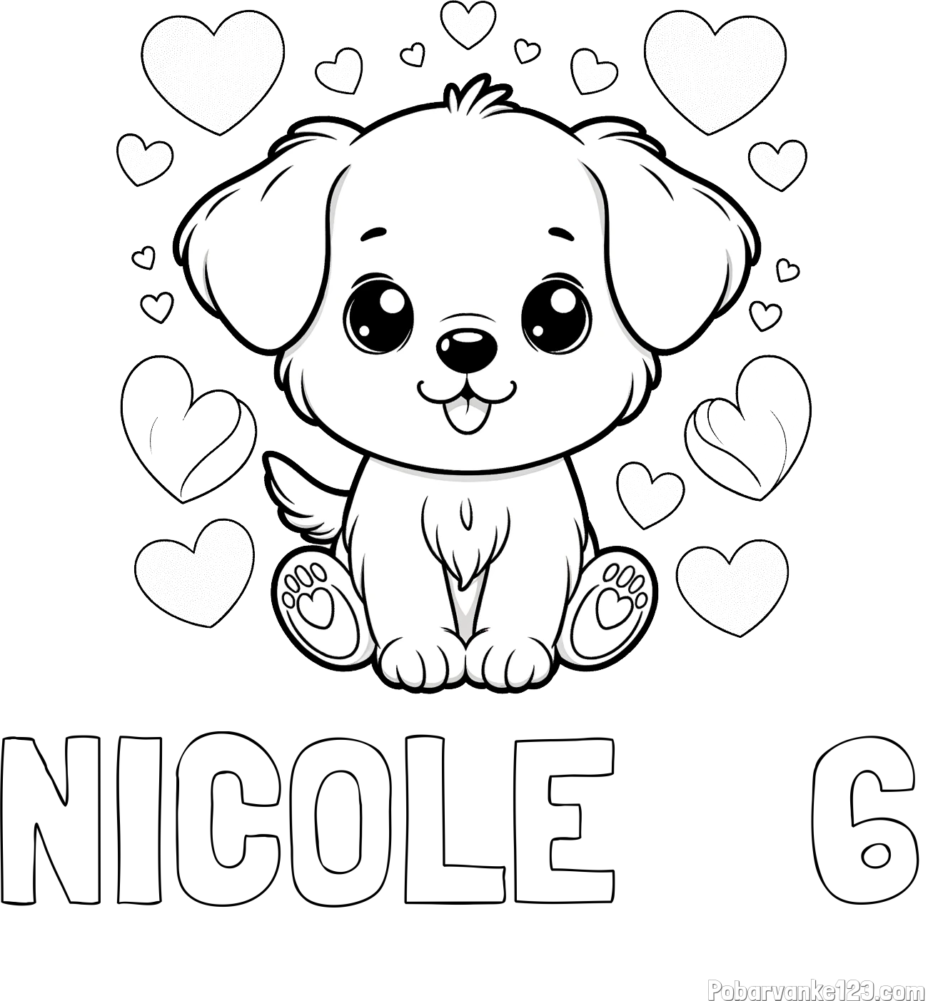 Pobarvanka imena NICOLE    6 in pobarvanka ljubkega kužka obdanega s srčki