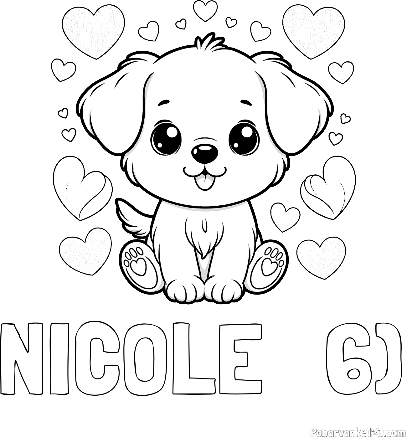 Pobarvanka imena NICOLE   6) in pobarvanka ljubkega kužka obdanega s srčki