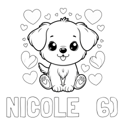 Online izdelana pobarvanka - Pobarvanka imena NICOLE   6) in pobarvanka ljubkega kužka obdanega s srčki