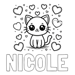 Online izdelana pobarvanka - Pobarvanka imena NICOLE in pobarvanka ljubke mucke obdane z veliko srčki