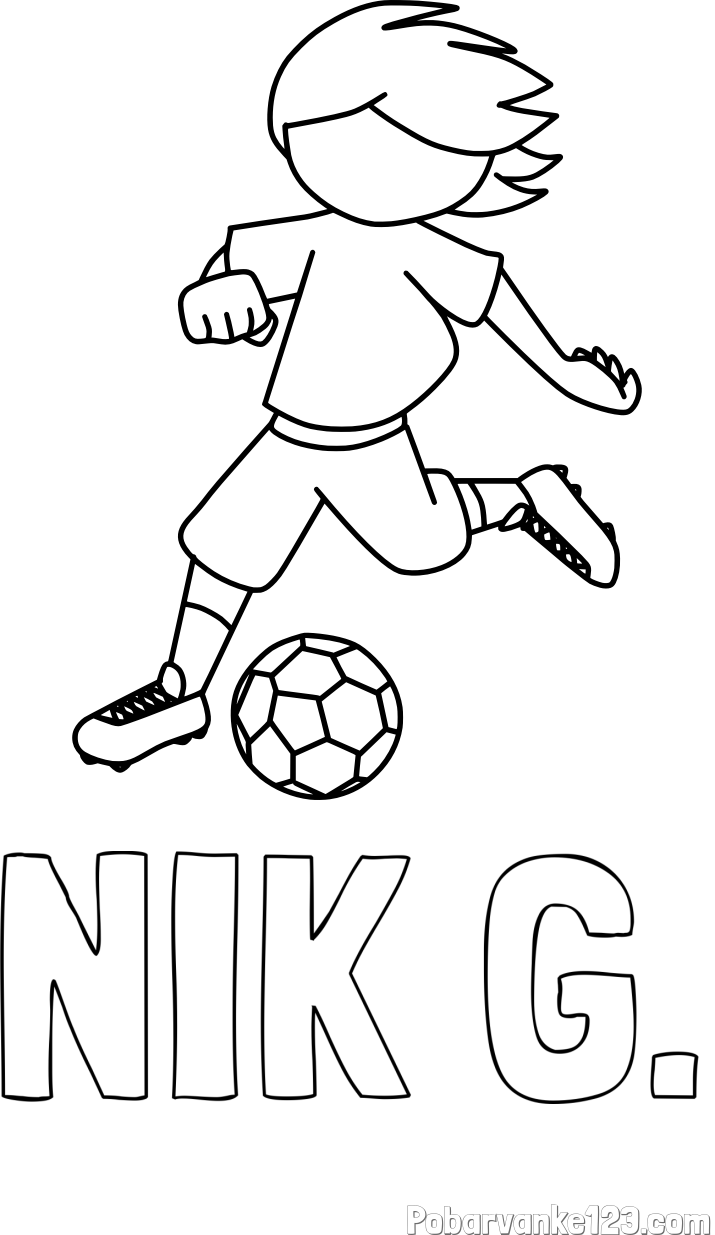 Pobarvanka imena NIK G. in otroška pobarvanka preprosto ilustriranega nogometaša