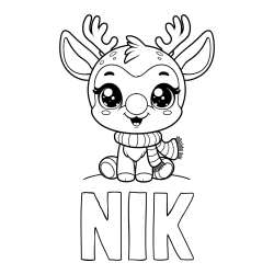 Pobarvanka imena NIK in otroška pobarvanka jelenčka Rudolfa s šalom okoli vratu