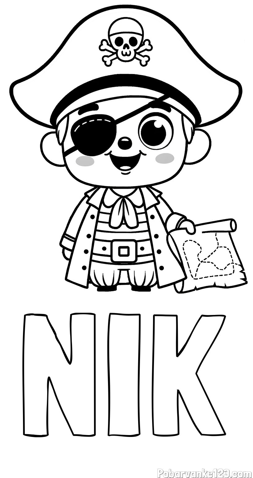 Pobarvanka imena NIK in otroška pobarvanka ljubkega gusarja z zemljevidom