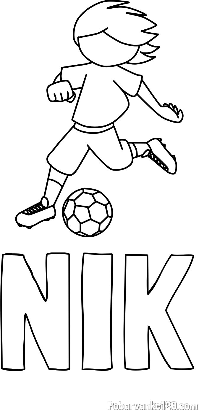 Pobarvanka imena NIK in otroška pobarvanka preprosto ilustriranega nogometaša