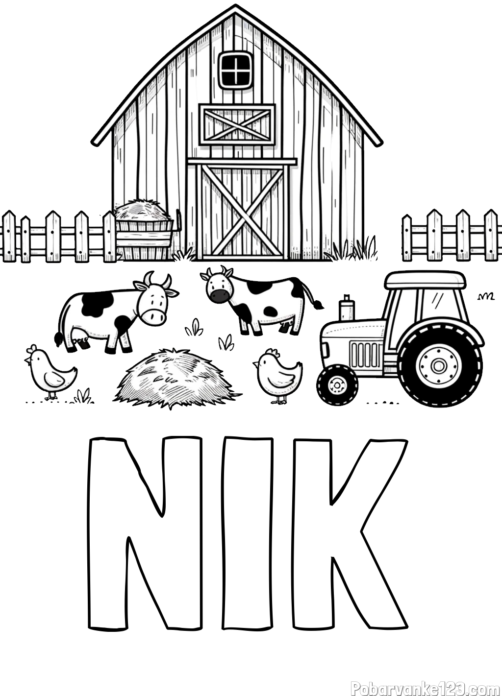 Pobarvanka imena NIK in otroška pobarvanka velikega senika, krav in traktorja