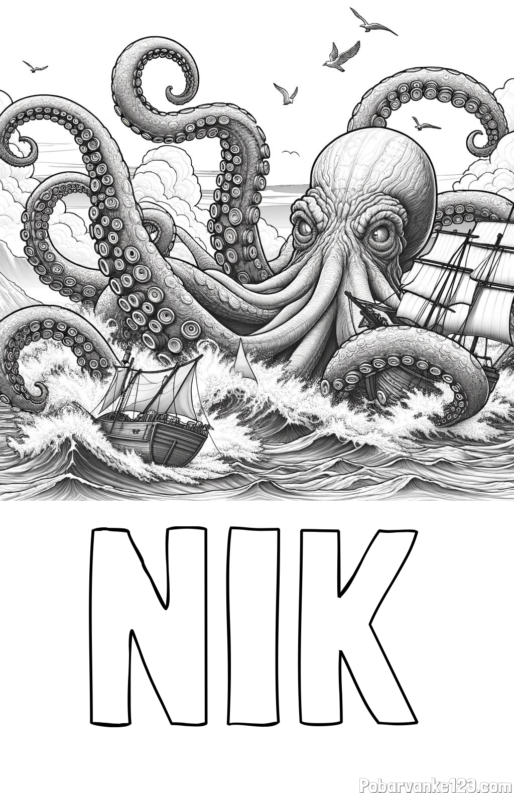 Pobarvanka imena NIK in pobarvanka orjaške hobotnice, ki je napadla veliko gusarsko ladjo