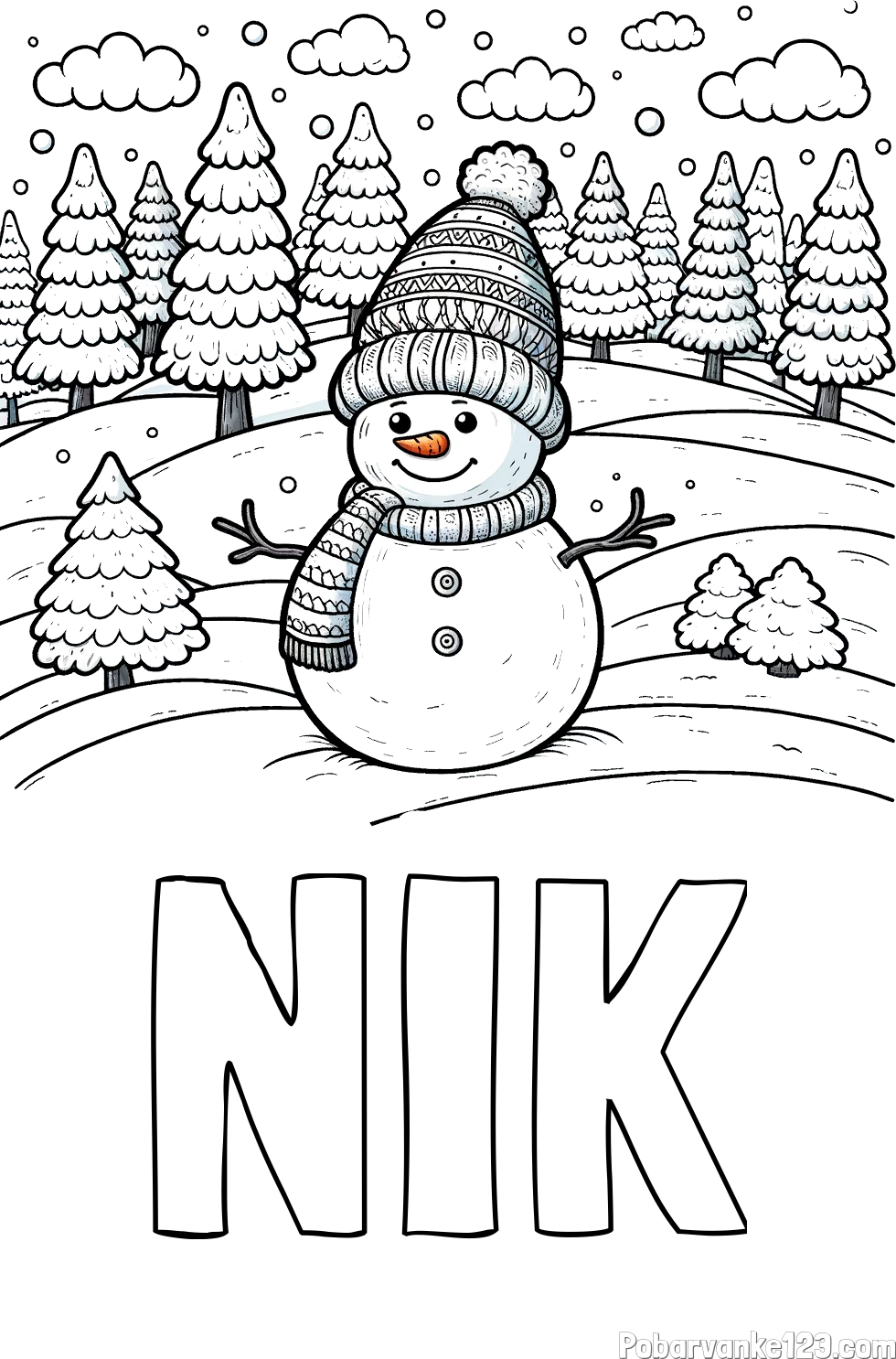 Pobarvanka imena NIK in pobarvanka snežaka v naravi obdanega z zasneženimi smrekami