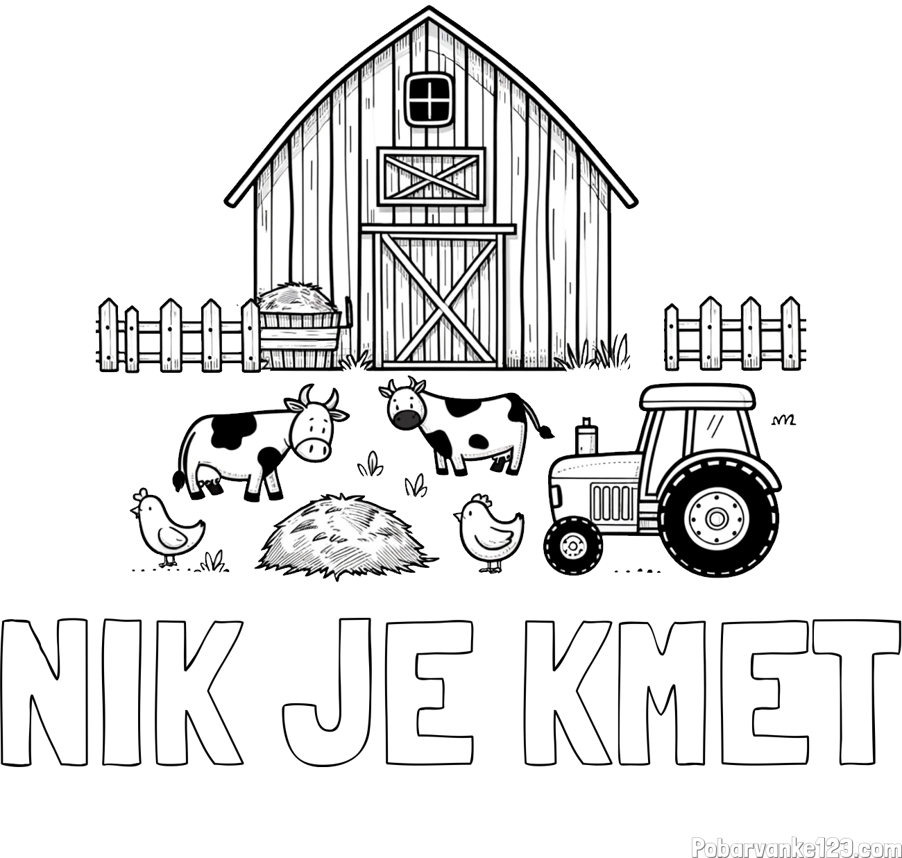 Pobarvanka imena NIK JE KMET in otroška pobarvanka velikega senika, krav in traktorja