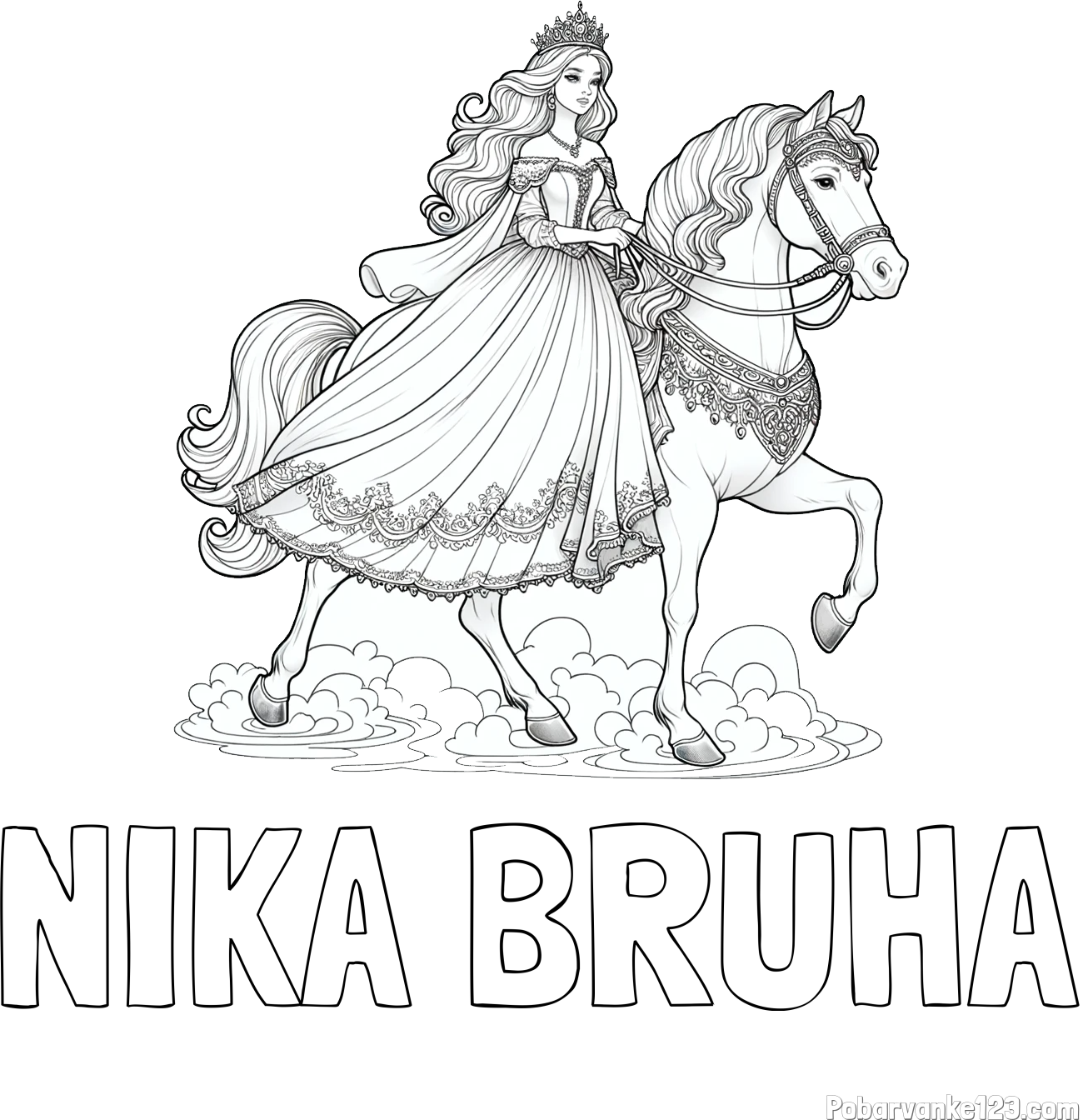 Pobarvanka imena NIKA BRUHA in pobarvanka princese na konju