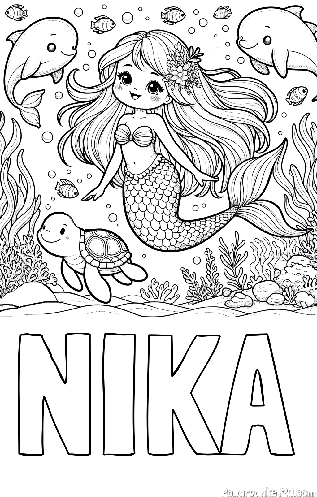 Pobarvanka imena NIKA in pobarvana ljubke morske deklice s prijatelji