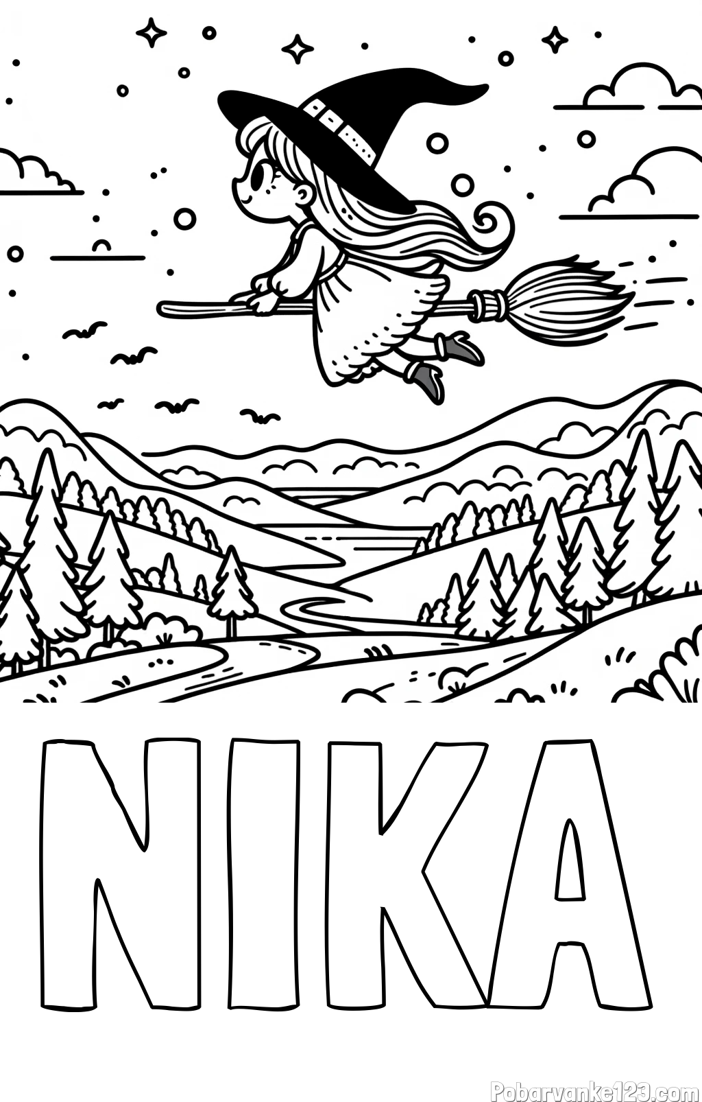 Pobarvanka imena NIKA in pobarvanka čarovnice, ki leti na metli