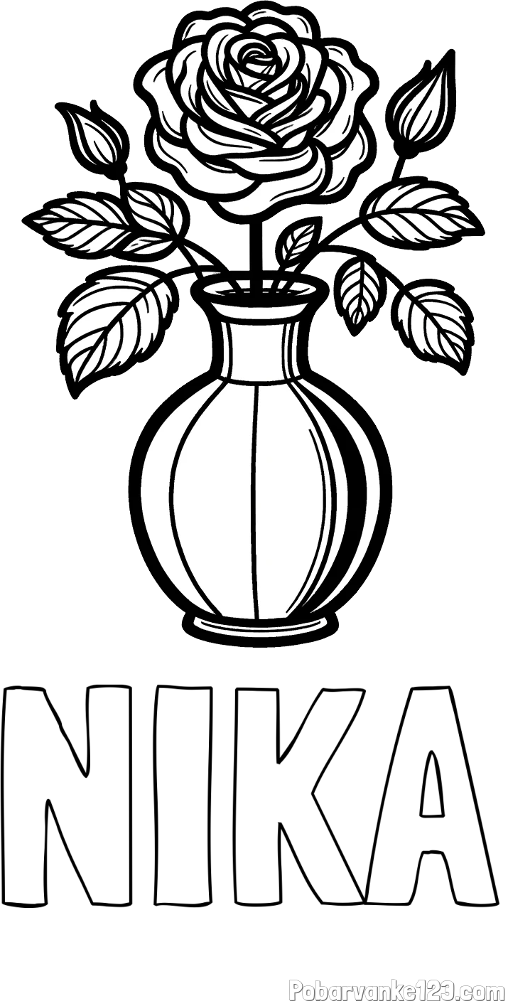 Pobarvanka imena NIKA in pobarvanka čudovite vrtnice v vazi