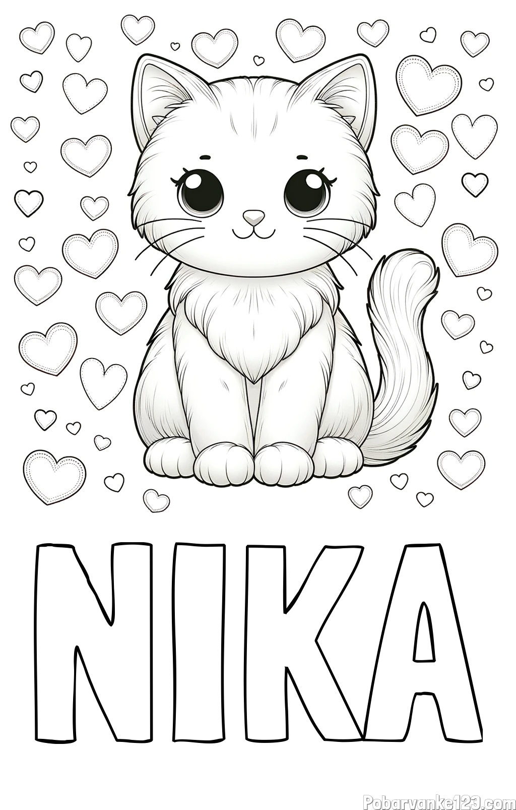 Pobarvanka imena NIKA in pobarvanka ljubke mucke obdane s srčki