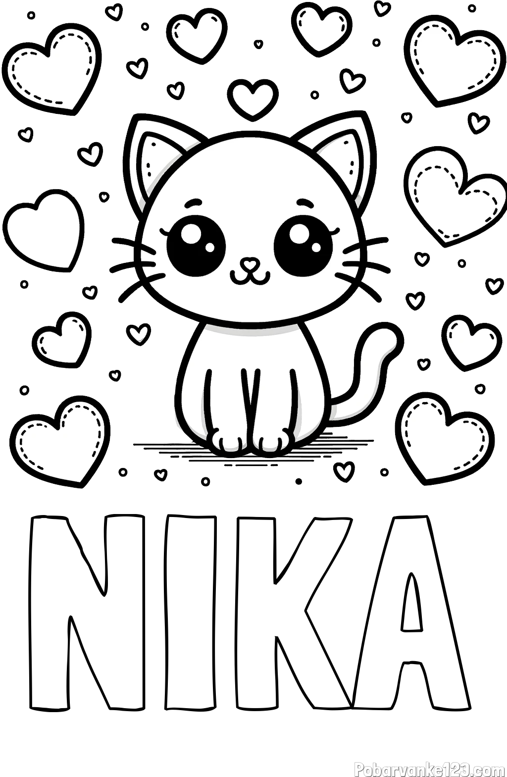 Pobarvanka imena NIKA in pobarvanka ljubke mucke obdane z veliko srčki