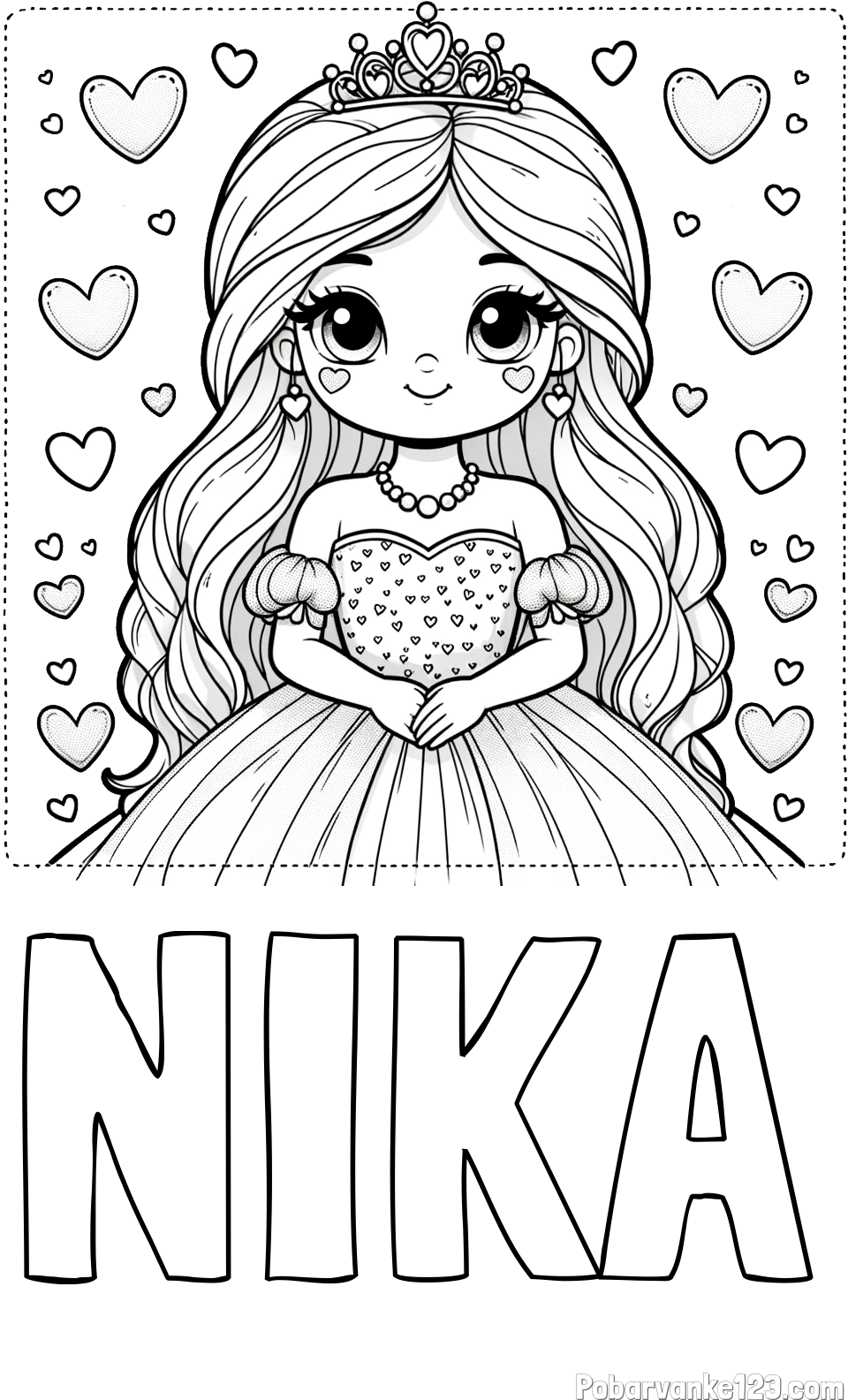 Pobarvanka imena NIKA in pobarvanka ljubke princese obdane s srčki
