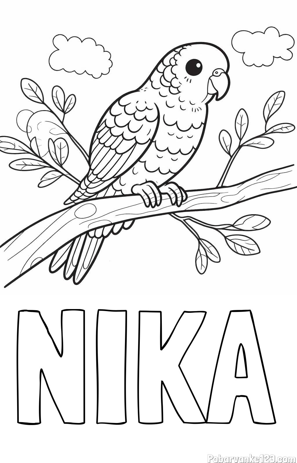 Pobarvanka imena NIKA in pobarvanka ljubkega kanarčka na veji