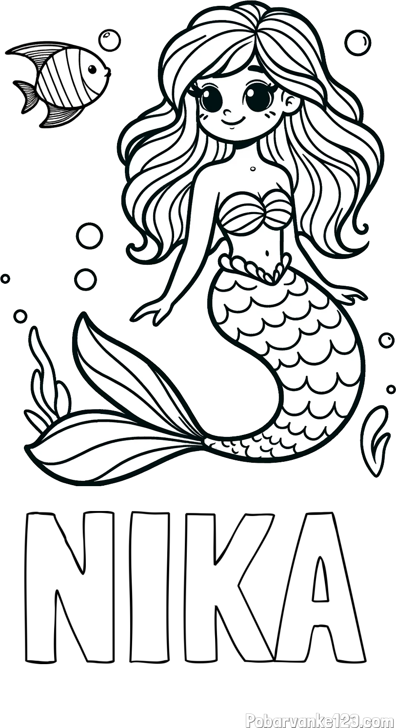 Pobarvanka imena NIKA in pobarvanka male morske deklice in ribice