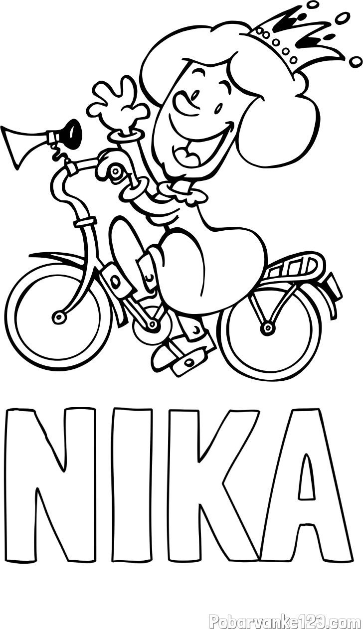 Pobarvanka imena NIKA in pobarvanka nasmejane kraljične na kolesu