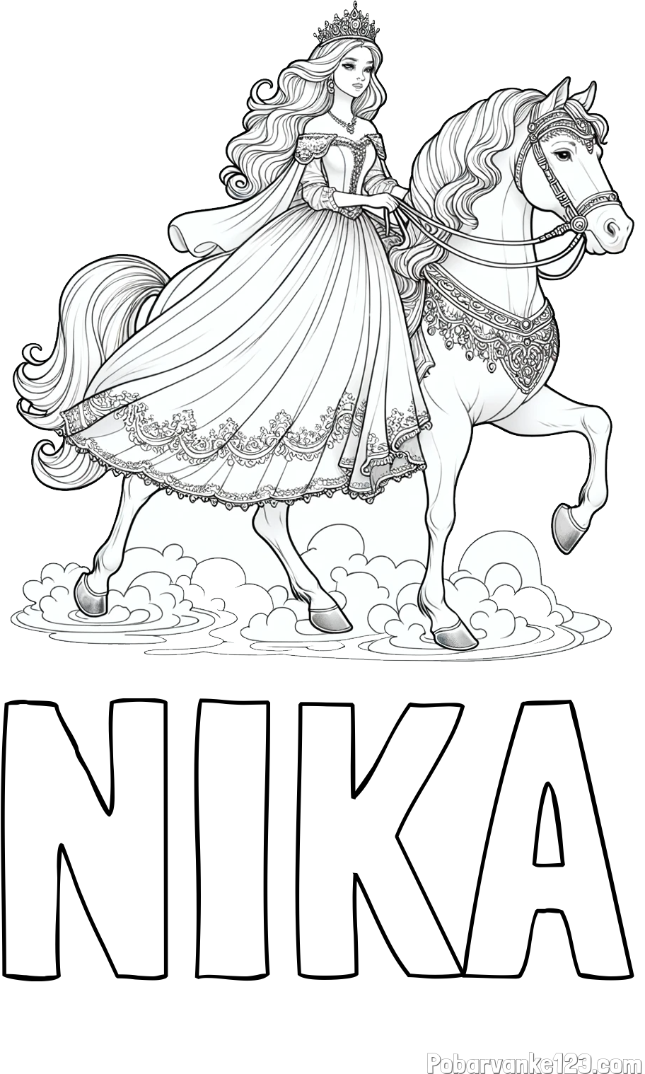 Pobarvanka imena NIKA in pobarvanka princese na konju