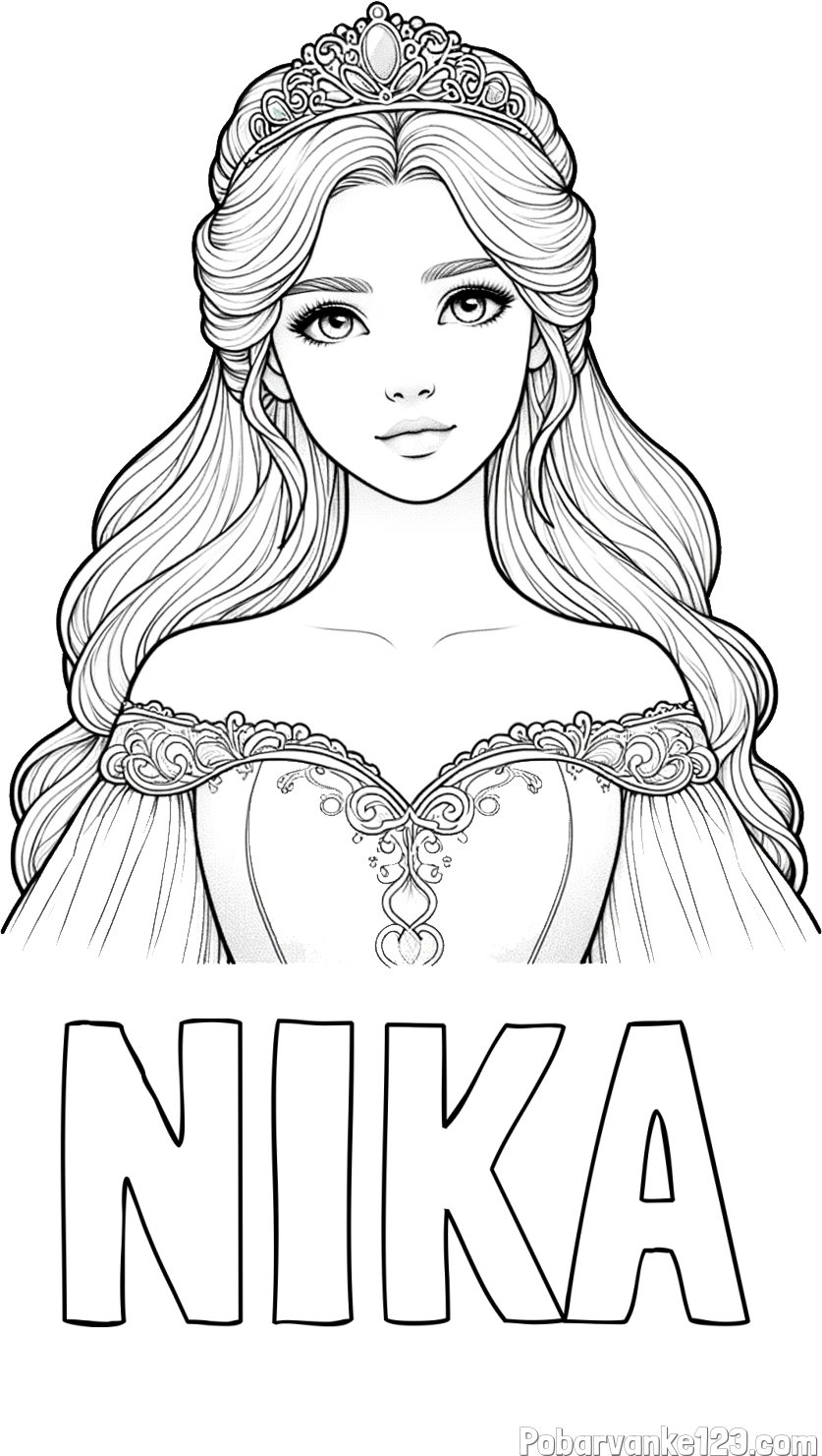 Pobarvanka imena NIKA in pobarvanka realistične princese