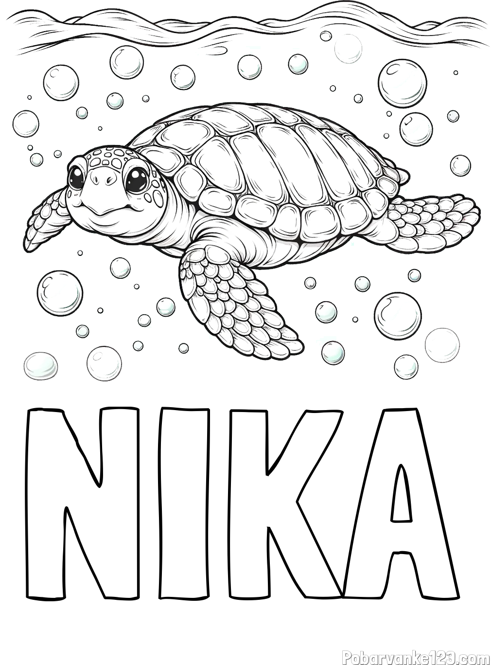 Pobarvanka imena NIKA in pobarvanka želve v morju