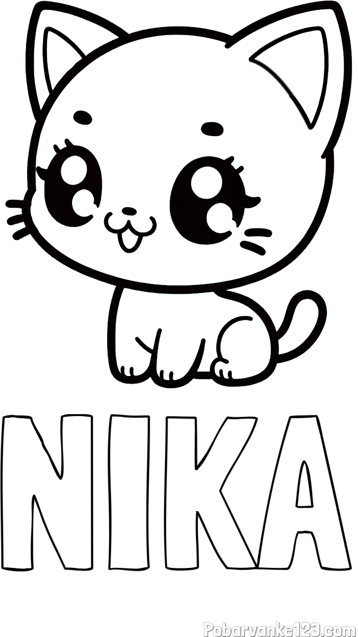 Pobarvanka imena NIKA in pobarvnaka ljubke muce v anime slogu