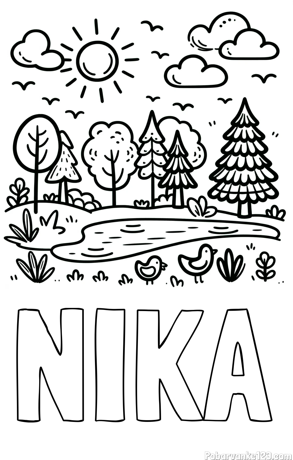 Pobarvanka imena NIKA in preprosta otroška pobarvanka narave